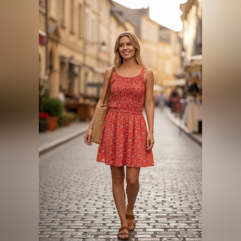 Free People Boho Floral Smocked Sundress Coral Orange Size S